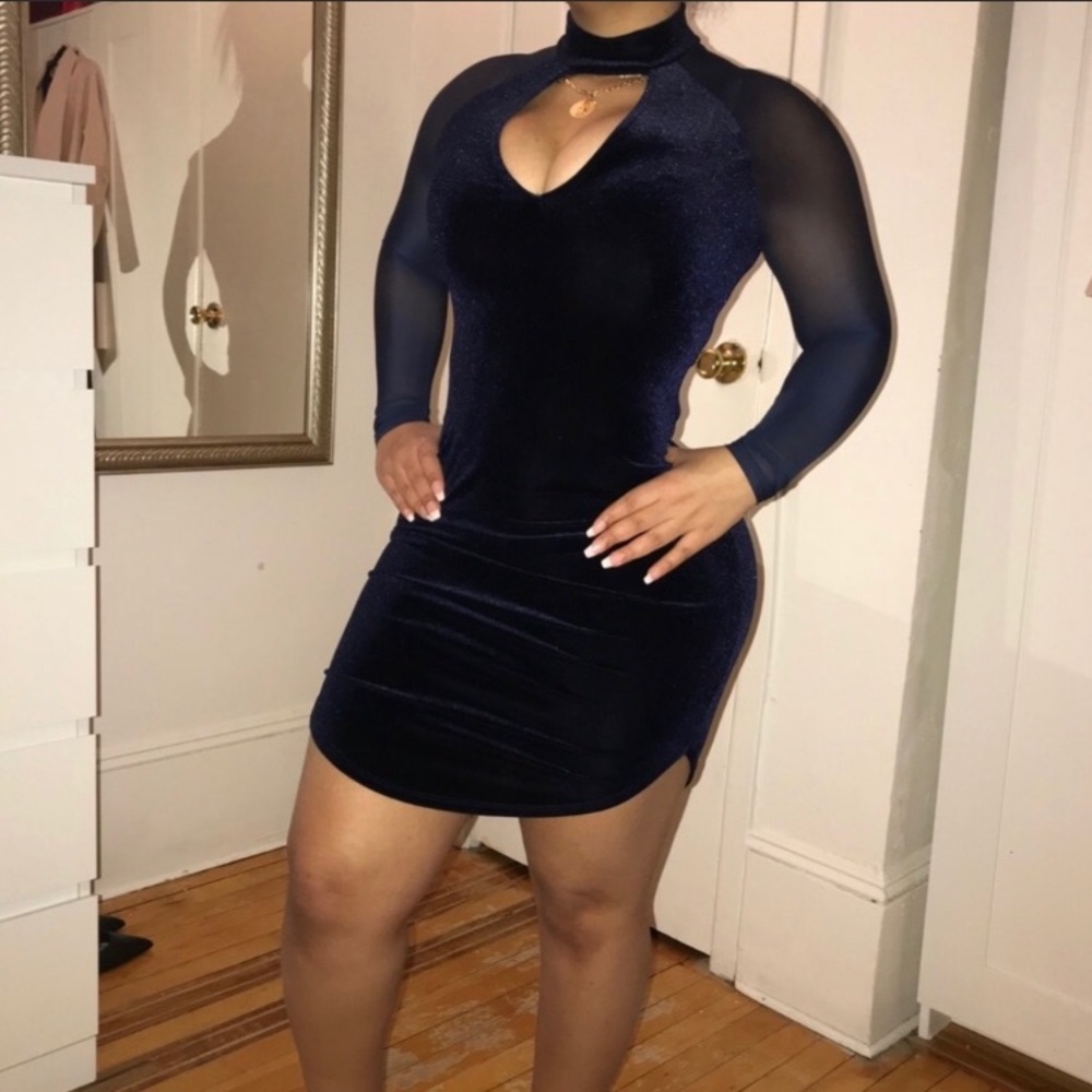 Deep Plunge Navy Dress with Mesh Sleeves